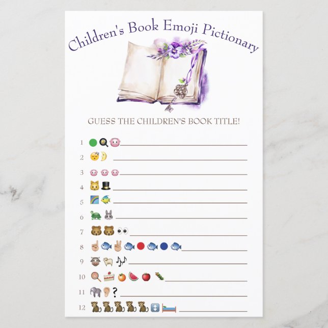 Lilac Children's Book Emoji Baby Shower Game (Front)