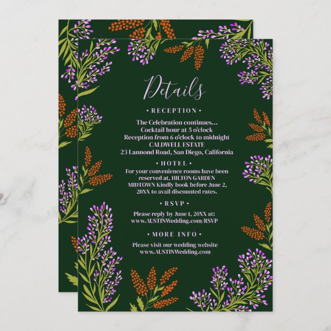 Lilac Colourful Wildflower Botanical Wedding Detai Invitation (Front/Back)