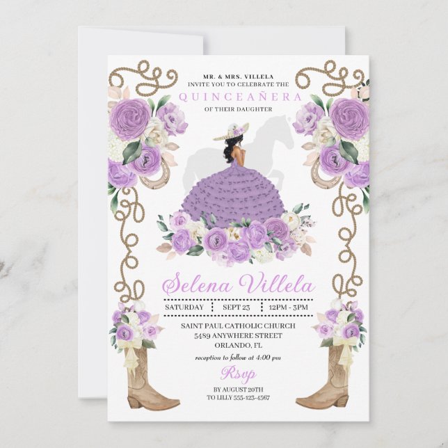 Lilac Cowgirl Princess Horse Charro Quinceañera Invitation (Front)