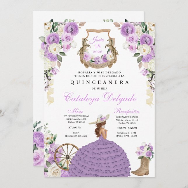 Lilac Cowgirl Western Princess Quinceañera Invitation (Front/Back)