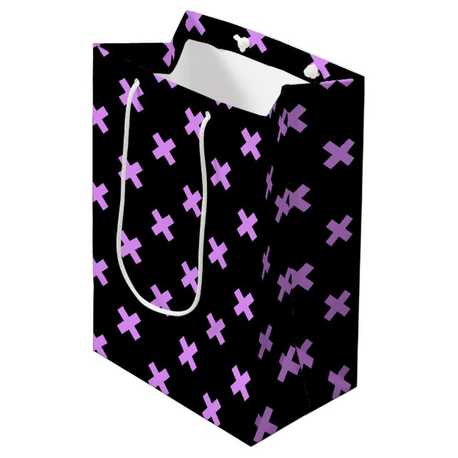 Lilac cross stitches on black medium gift bag (Front Angled)