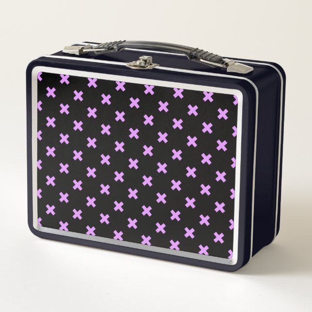Lilac cross stitches on black metal lunch box (Front)