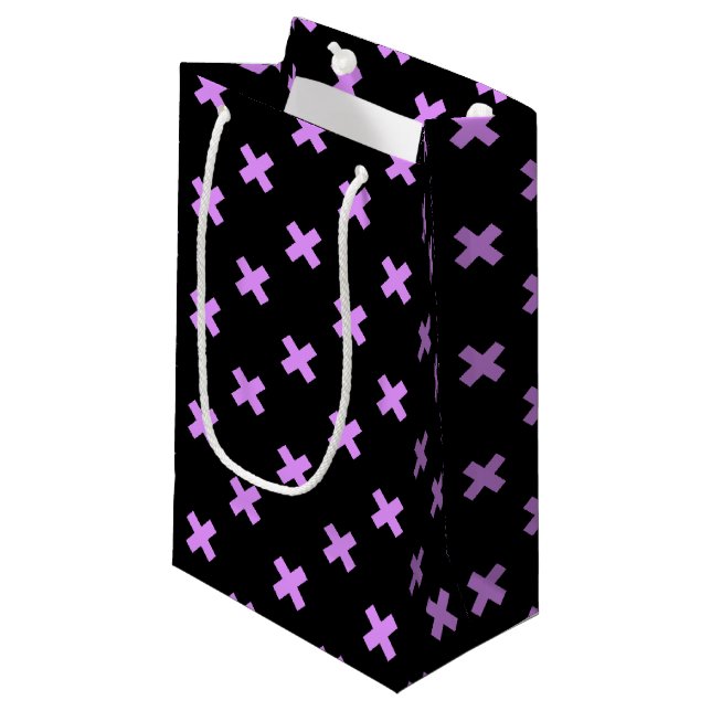 Lilac cross stitches on black small gift bag (Front Angled)