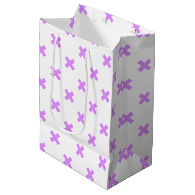 Lilac cross stitches on white medium gift bag (Front Angled)