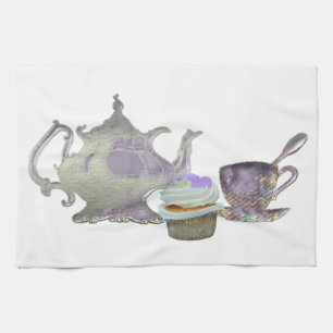Lilac Cupcake Hearts, Teapot and Teacup Art Tea Towel
