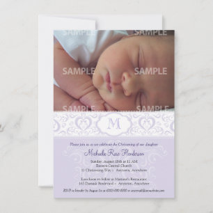 Lilac Damask Monogram Baptism/Christening Invitation
