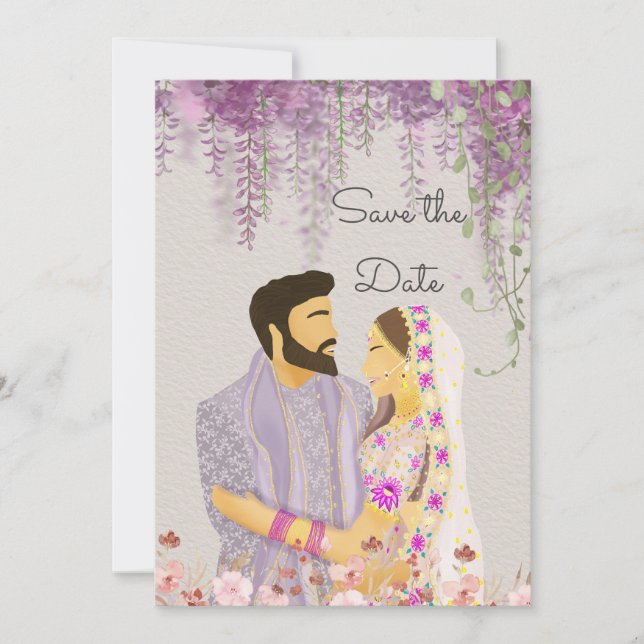 Lilac Delight Indian Couple Illustration Save The Date (Front)