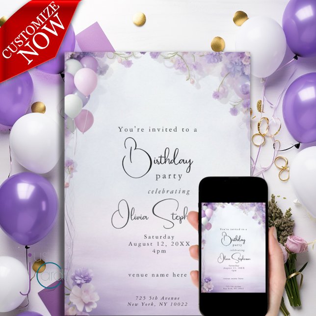 Lilac Dreams Floral Balloons QR Birthday  Invitation (Text is easy to customize )