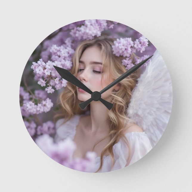Lilac Dreams – Serene Spring Angel Round Clock (Front)