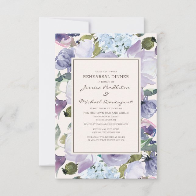 Lilac Dusty Blue Cream Floral Rehearsal Dinner Invitation (Front)