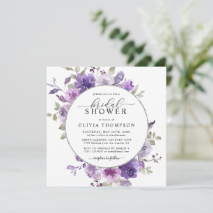 Lilac DustyPurple Floral Silver Foil Bridal Shower Invitation