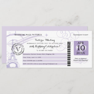 Lilac Eiffel Tower Night in Paris Birthday Party Invitation
