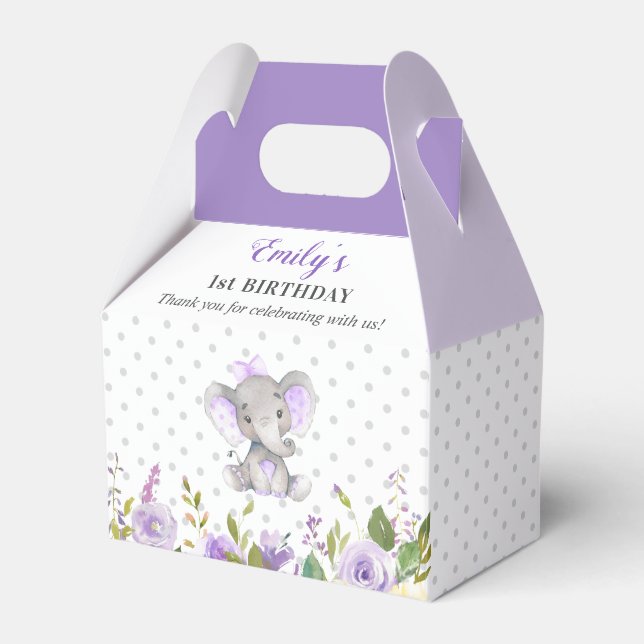 Lilac Elephant First Birthday Party Little Peanut Favour Box (Front Side)
