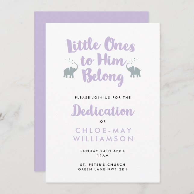 Lilac Elephants Christian Dedication Invitation (Front/Back)