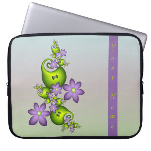 Lilac Fantasy Flowers Green Shapes Fractal Name Laptop Sleeve