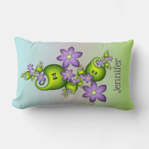 Lilac Fantasy Flowers Green Shapes Fractal Name Lumbar Cushion