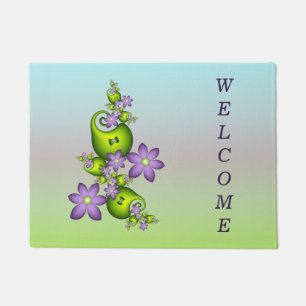 Lilac Fantasy Flowers Green Shapes Fractal Welcome Doormat