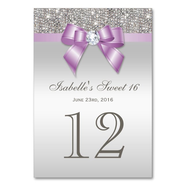 Lilac Faux Bow Silver Sequins Sweet 16 Table Number (Front)