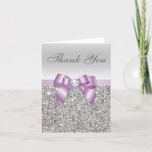 Lilac Faux Bow Silver Sequins Thank You Card