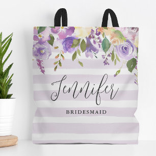 Lilac Floral and Stripes Bridesmaid Monogram Tote Bag