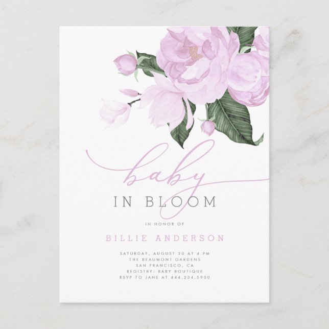Lilac Floral Baby in Bloom Girl Shower Invitation Postcard (Front)