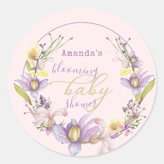 Lilac Floral Blooming Baby Shower  Classic Round Sticker (Front)