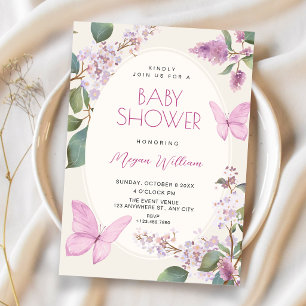 Lilac floral butterfly baby shower invitation