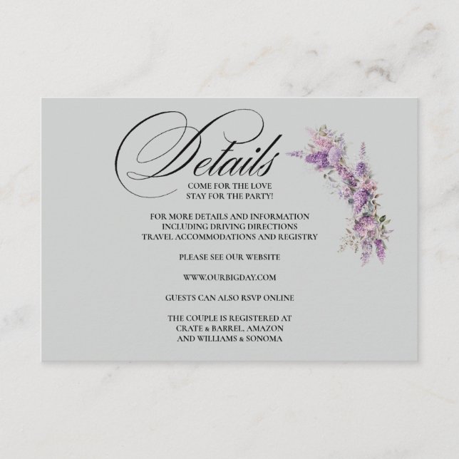 Lilac floral Enclosure Card Details (Front)