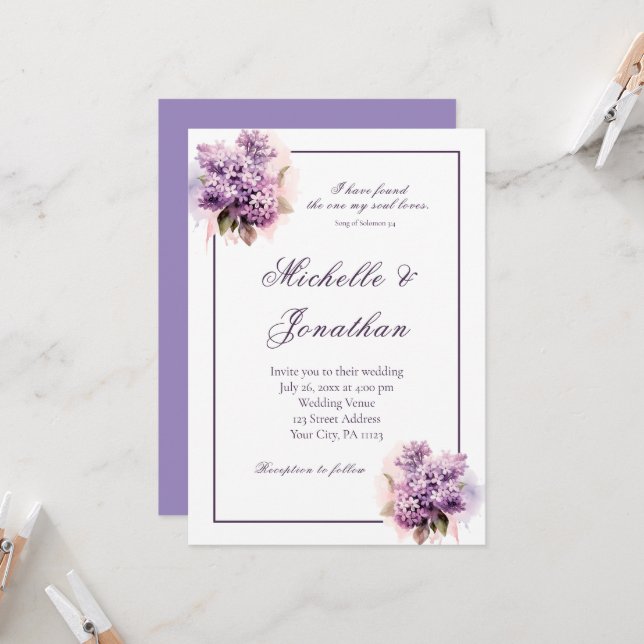 Lilac Floral Frame Bible Verse Christian Wedding Invitation (Front/Back In Situ)