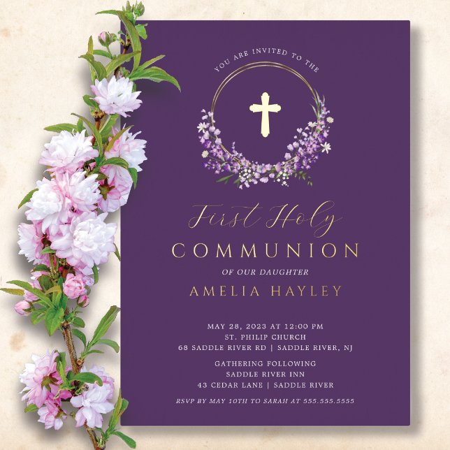 Lilac Floral Girls First Communion Foil Invitation (Creator Uploaded)