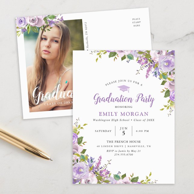 Lilac Floral Graduation Party Invitation Postcard (Creator Uploaded)
