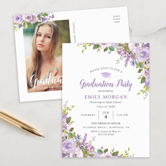 Lilac Floral Graduation Party Invitation Postcard (Creator Uploaded)