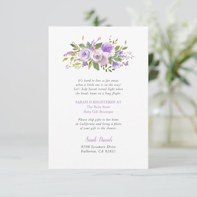 Lilac Floral Long Distance Baby Shower Insert Card (Standing Front)