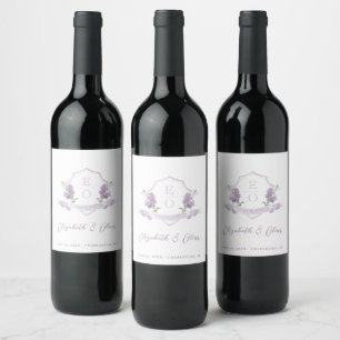 Lilac Floral Monogram Crest Wedding Wine Label