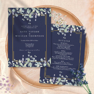 Lilac Floral Navy Blue All In One Wedding Details Invitation