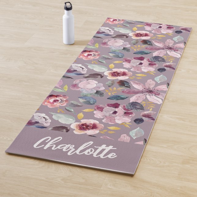 Lilac Floral Pattern Monogram  Yoga Mat (In Situ)