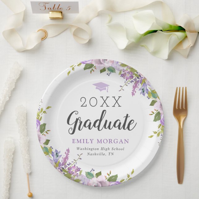 Lilac Floral Personalised Graduation Party Paper Plate (Wedding)