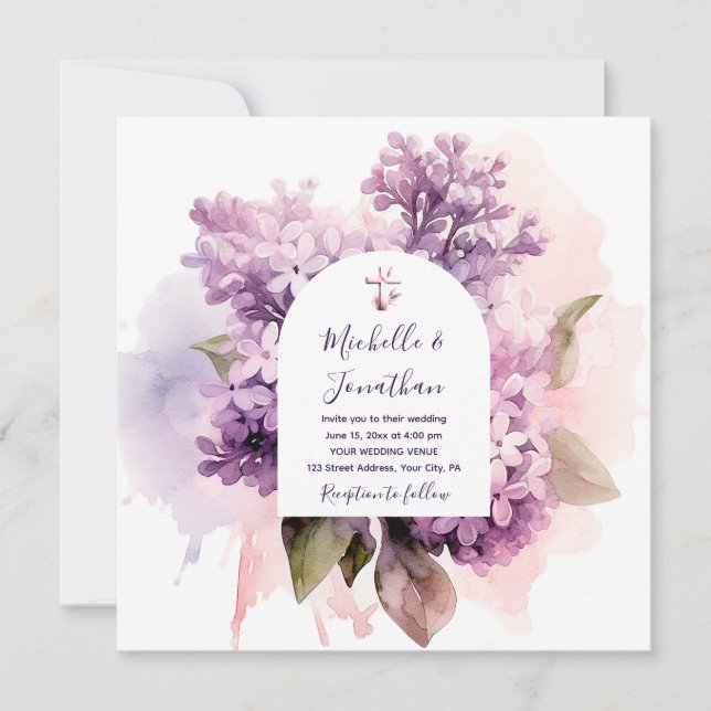Lilac Floral Photo Bible Verse Christian Wedding Invitation (Front)