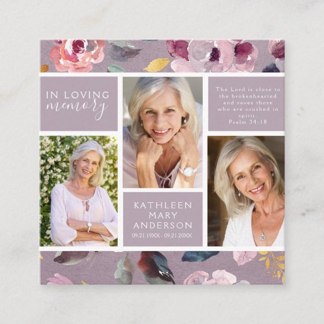 Lilac Floral Photo Collage Funeral Memorial Card (Front)