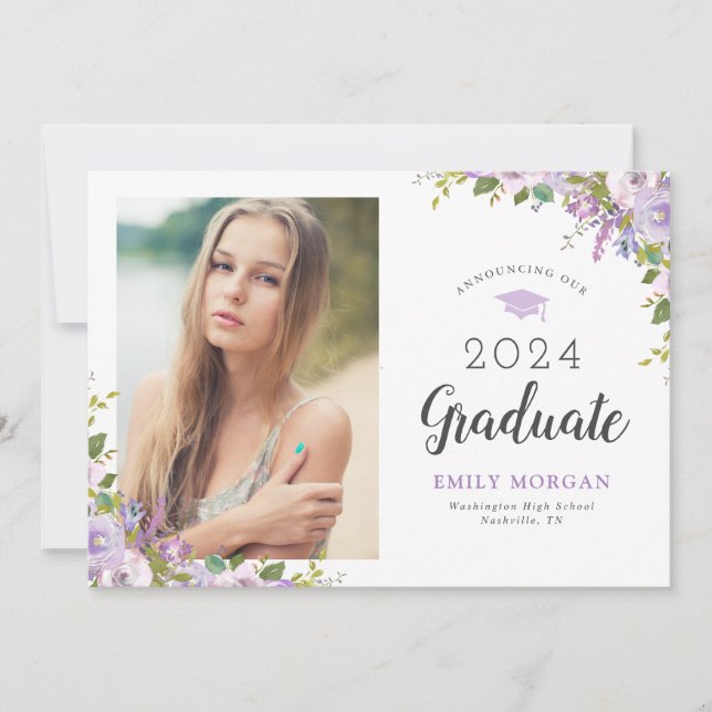 Lilac Floral Photo Graduation Announcement (Front)