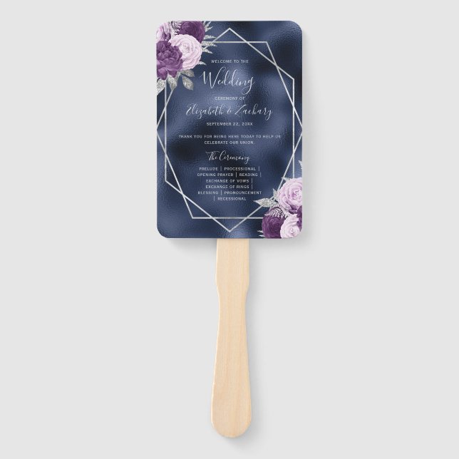 Lilac Floral Silver Navy Foil Wedding Program Hand Fan (Front)