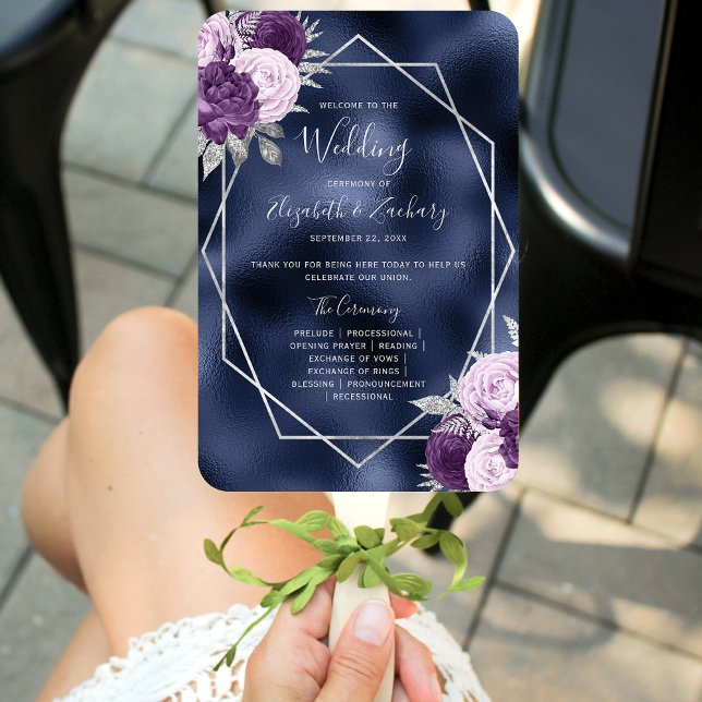 Lilac Floral Silver Navy Foil Wedding Program Hand Fan (Creator Uploaded)