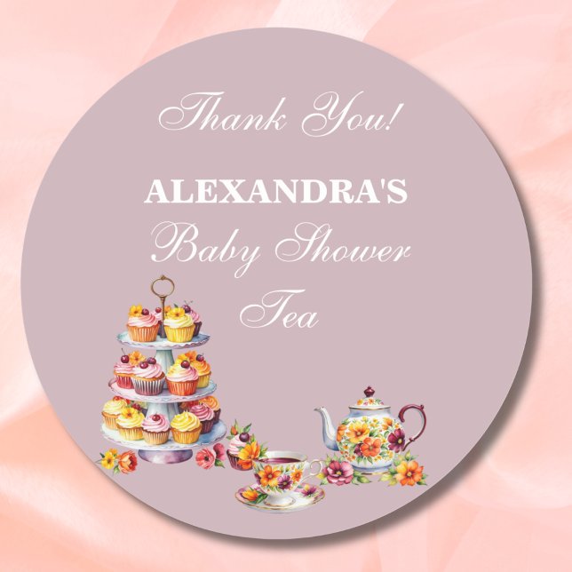 Lilac Floral Tea Party Baby Shower Favour  Classic Round Sticker (Creator Uploaded)