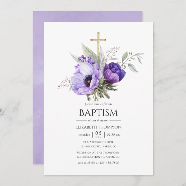Lilac Floral themed Baptism or Christening Invitation (Front/Back)
