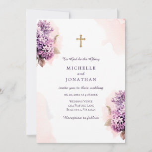 Lilac Floral Watercolor Christian Cross Wedding Invitation