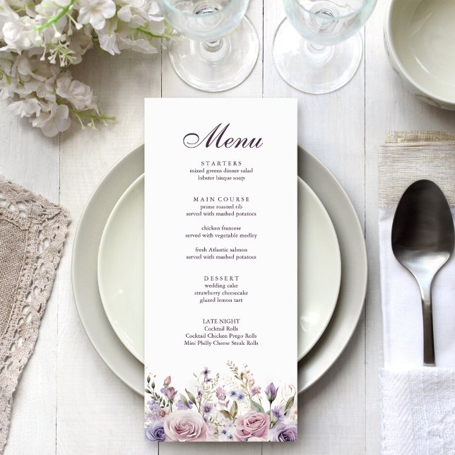 Lilac Floral Wedding Menu Card (Boho Mave and Lilac Floral Wedding Menu Card on an elegant silver grey wedding table with flowers.)
