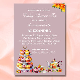 Lilac Floral Whimsical Tea Baby Shower   Invitation