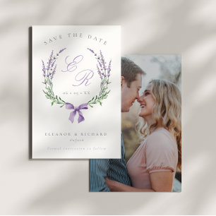 Lilac Floral Wreath & Bow Monogram Wedding Photo Save The Date