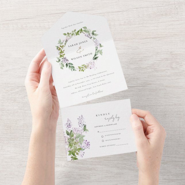 Lilac Floral Wreath Cottage Garden Wedding All In One Invitation (Tearaway)