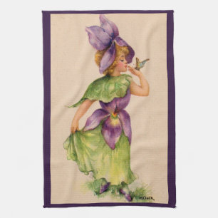 lilac flower girl print tea towel